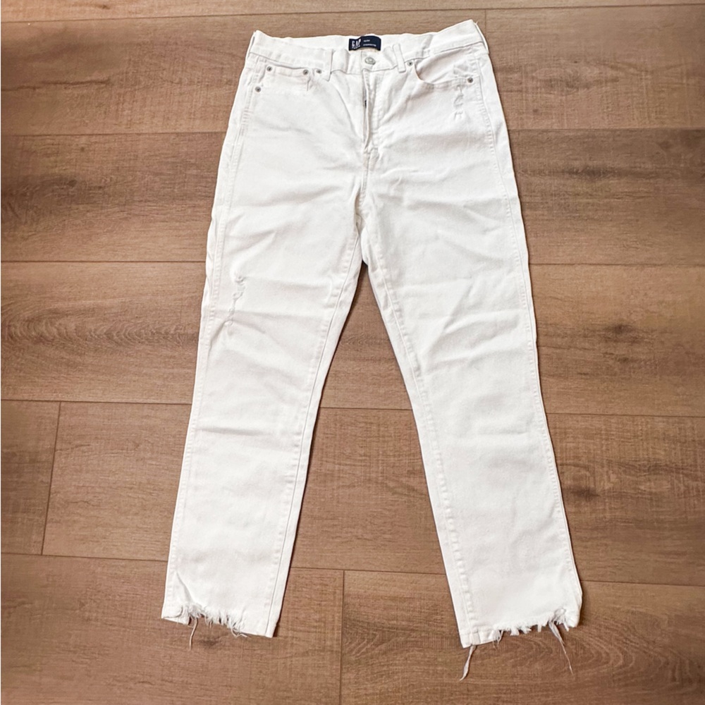 GAP White Denim Cigarette Jeans | Straight Leg Slim | Frayed Hem | Size 10 EUC